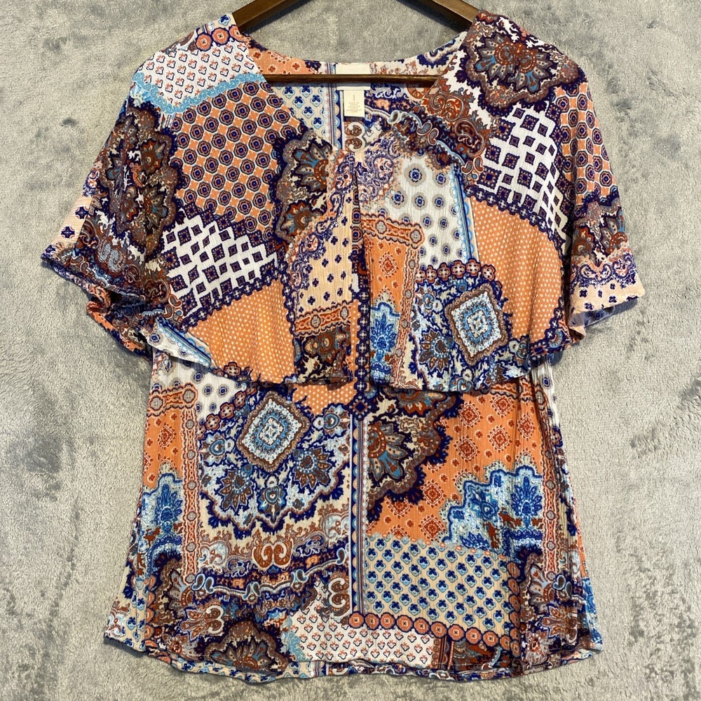 Chico's Blouse Women Sz 1 Multicolor‎ Paisley Patch Flutter Sleeve Boho Hippie